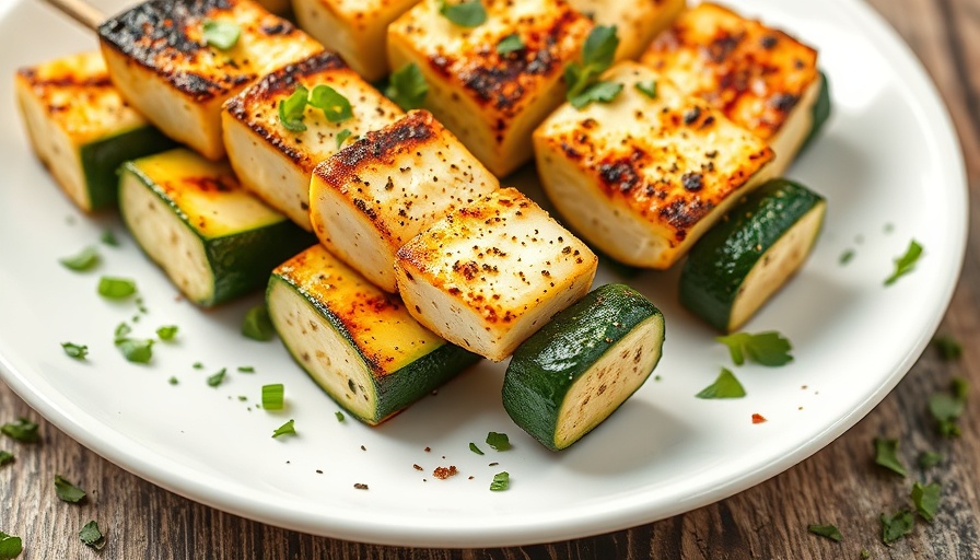 Grilled zucchini and halloumi skewers with herbs.