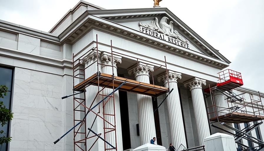 Federal Reserve building under maintenance, showcasing scaffolding and a lift.