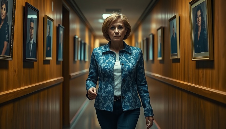 Serious woman in hallway, patterned jacket, warm lighting.