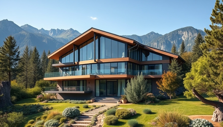 Modern house with sloped roof and large windows, house in a box concept.