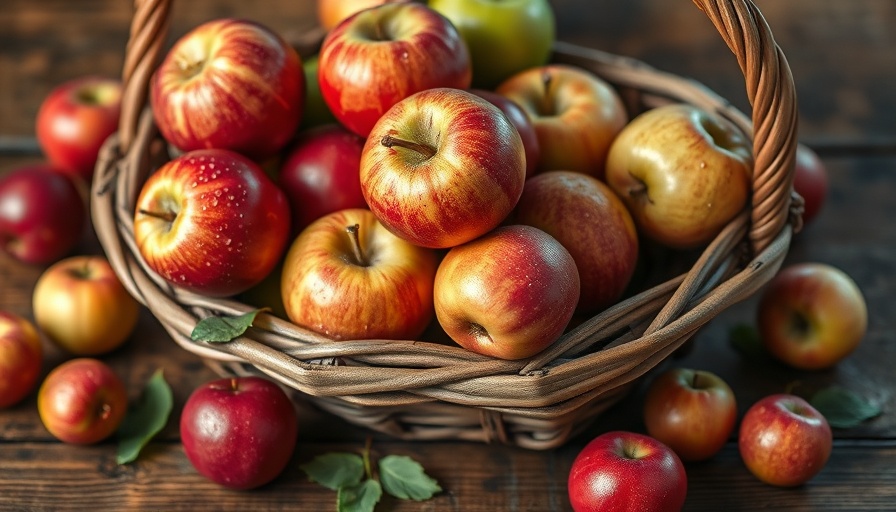 Dewy apples in a rustic basket on wooden table, history of apples.