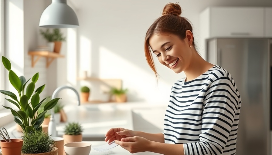 Smiling woman in cosy minimalist kitchen with natural light.
