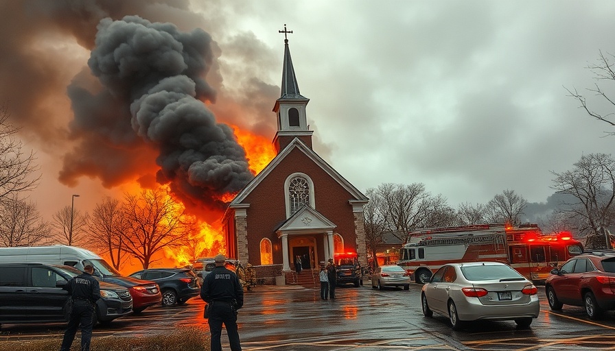 Emergency responders at Michigan church fire scene, intense flames