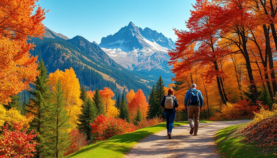 Scenic fall color road tripping in Kananaskis with hikers on path.