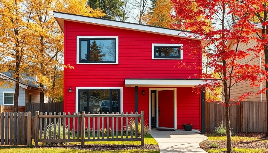 Modern red laneway home in Calgary with autumn backdrop.
