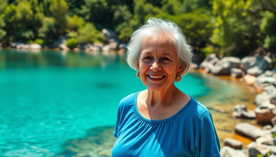 Elderly woman smiling by a turquoise lake, Appleton Estate Rum.