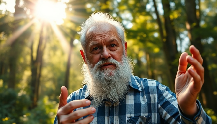 Elderly man demonstrating power setup in a sunlit forest.