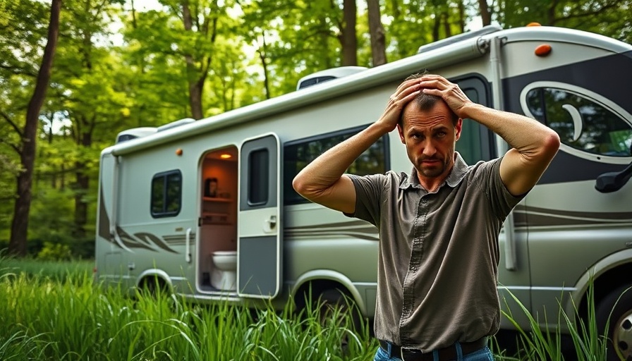 Real Side of RV Living: Frustrated man near RV with warning labels.