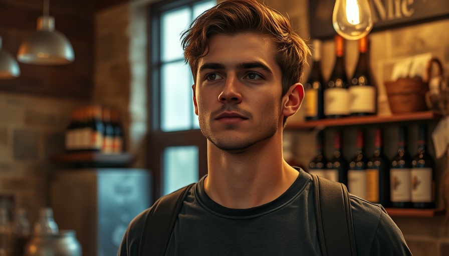 Young man indoors, relaxed pose, rustic backdrop with warm lighting.
