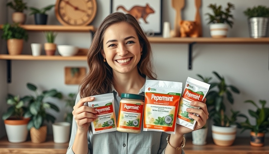 Woman showcasing peppermint oil for rodents with repellent products.