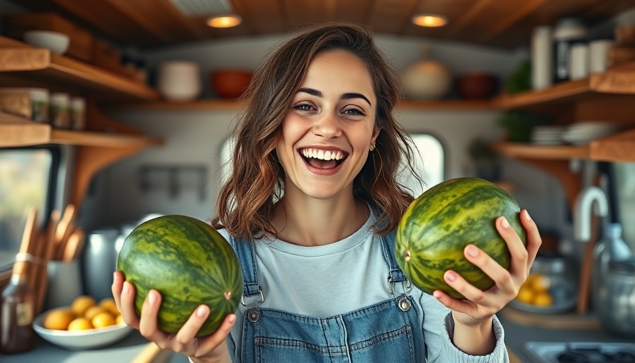 Van Life Challenge Accepted: Woman in a van holding melons, smiling.
