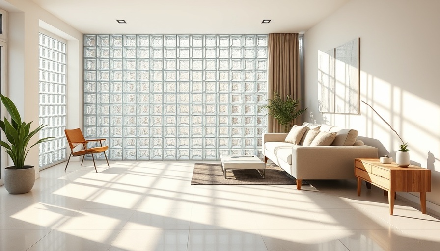 Modern living room with 3-inch Thinline Series glass block wall.
