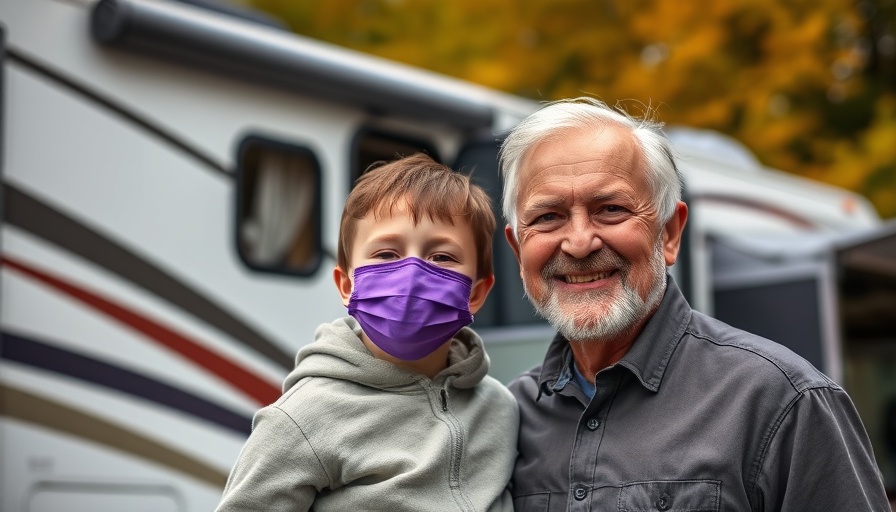 Family RV Journey to Florida: Man and child by RV at campsite.