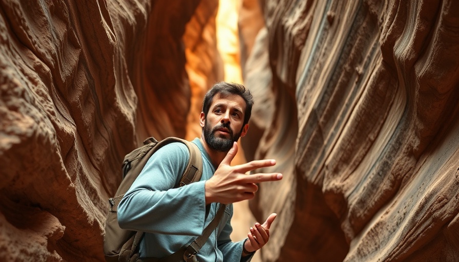 Explorer in hidden canyon, United States, gesturing while explaining.