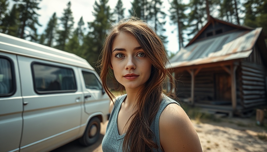 Young woman explores abandoned town near a van in a forest.