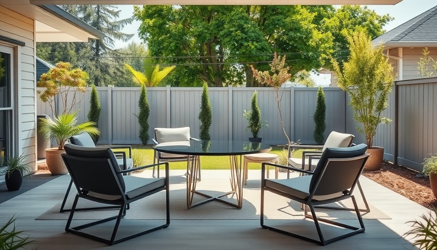 Landscape design showcasing patio zones with modern furniture.