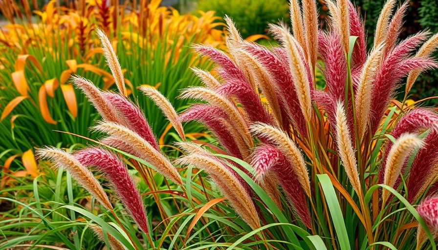 Colorful autumn garden with ornamental grasses swaying gently.