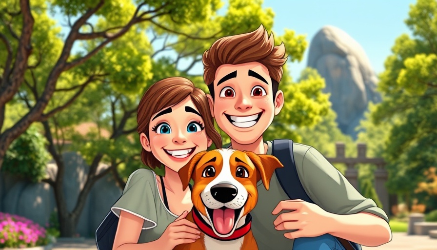 Cartoon couple enjoying RV lifestyle with dog in a park.