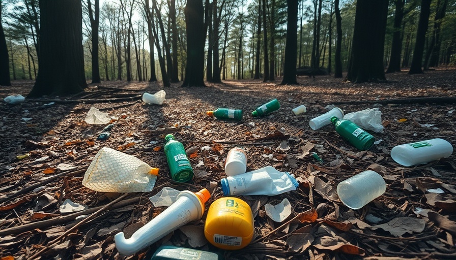 Scattered trash in forest raising camping safety and wildlife concerns.