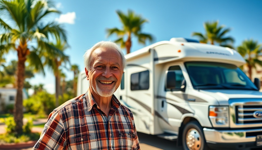 Cheerful man with RV for Family RV Travel Tips in a campground