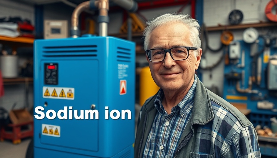 BLUETTI sodium ion battery showcased in a workshop with a smiling man.