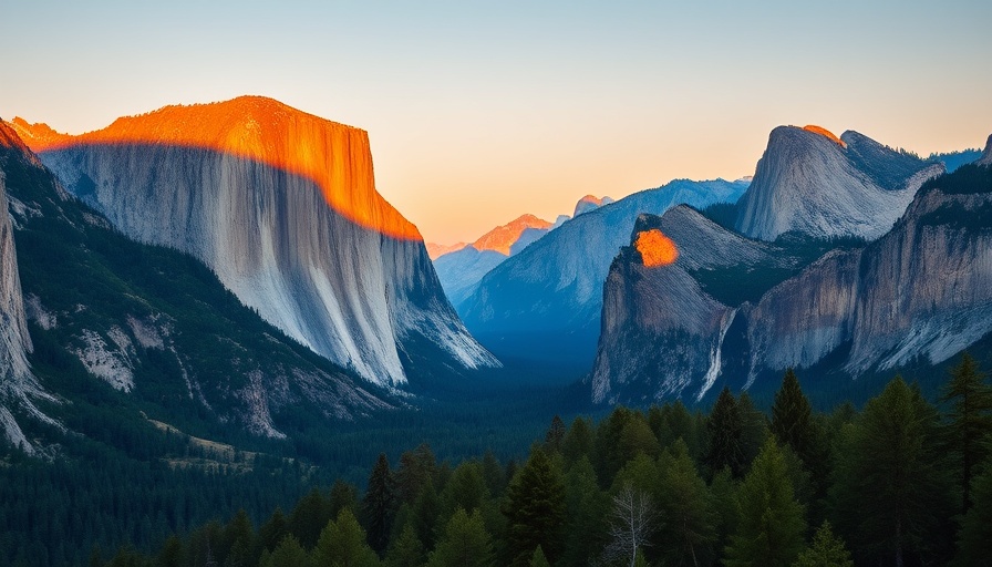 Yosemite National Park tips: Sunset over cliffs and forest.