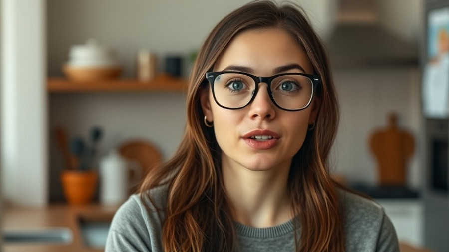 Casual woman discussing RV organization systems in a kitchen setting.