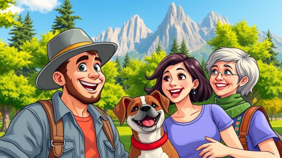 Cartoon of RV lifestyle chat with a couple and dog in a park setting.