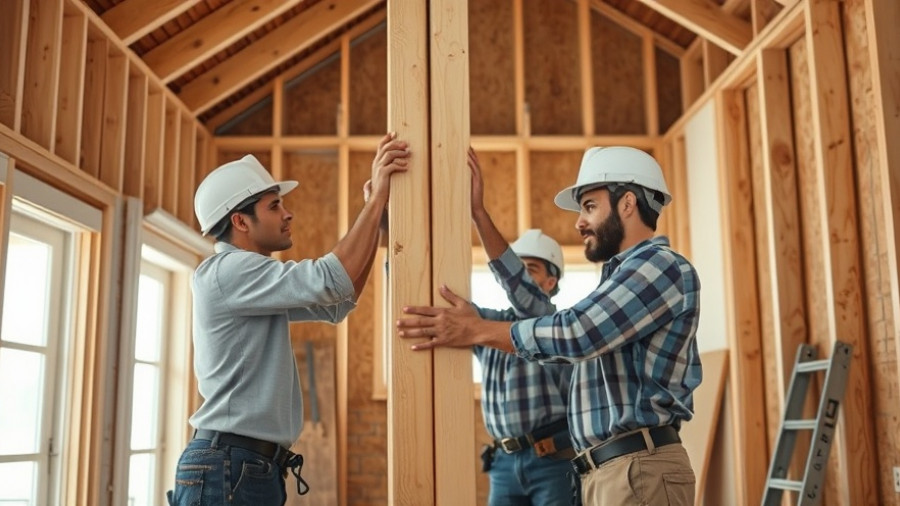 Workers replacing load bearing wall with a beam in renovation project.