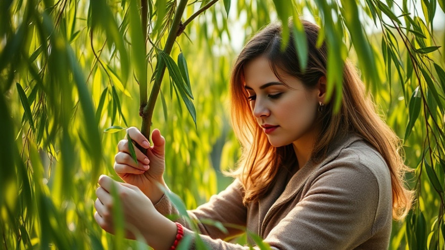 Focused woman pruning a willow tree in a lush garden setting.