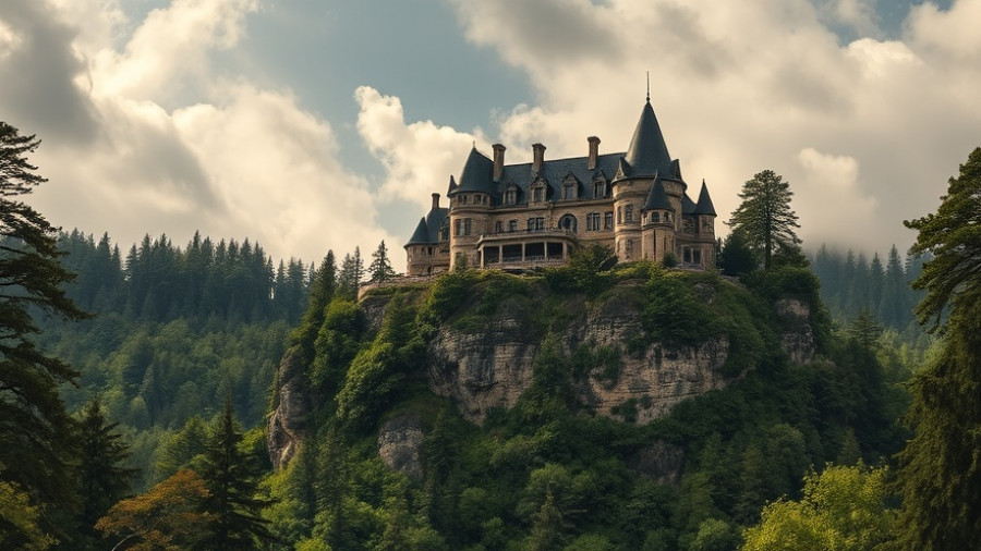 Majestic stone mansion atop cliff in haunted national parks setting.