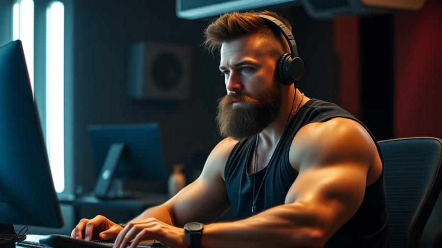 Muscular man in modern studio setting with headphones, cinematic photo.