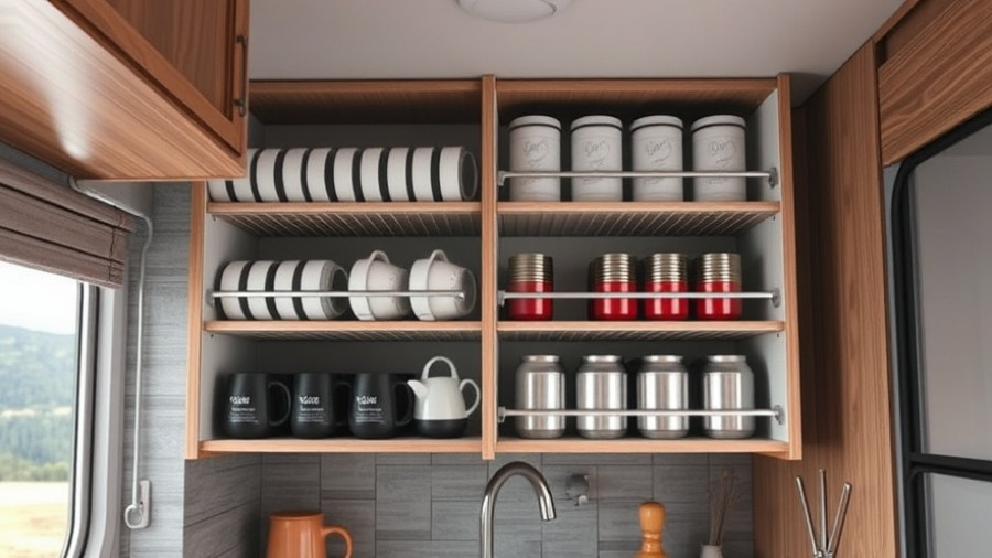RV living hacks: Organized kitchen storage with dividers and mugs.