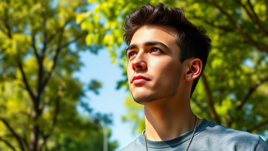 Young man enjoying nature, clear day under blue sky.