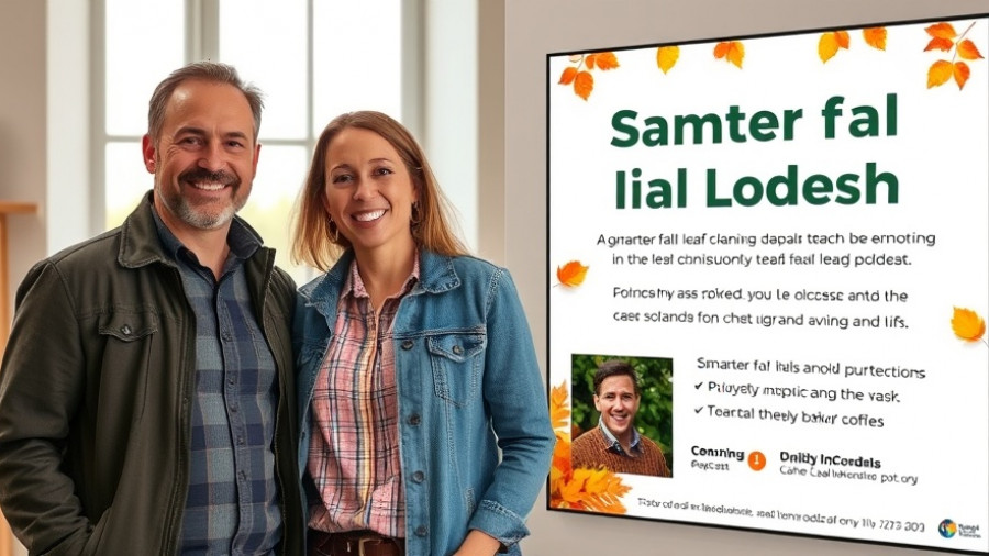 Podcast promotion for smarter fall leaf cleanup with smiling couple.