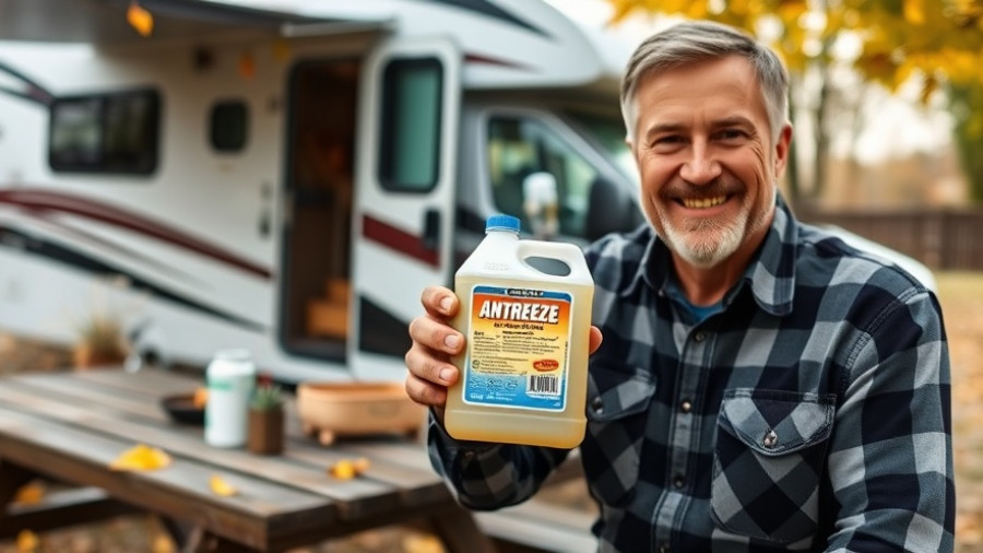 Middle-aged man discussing RV antifreeze myths outdoors.