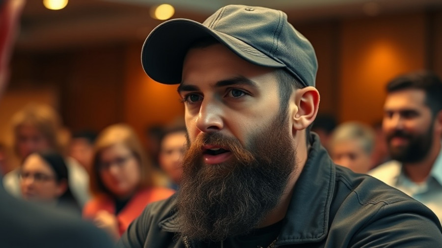 Bearded man discussing passionately, interview setting.