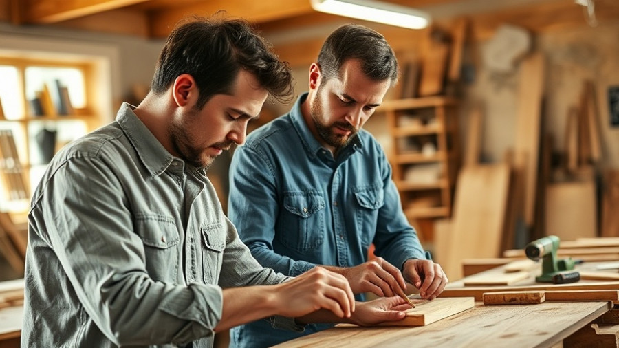 Two men working on woodworking in a workshop, with tools and wood.