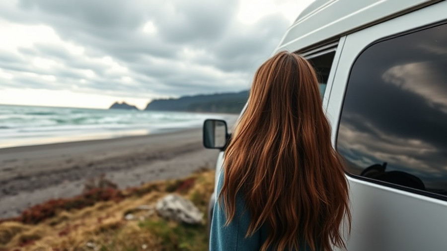Van Life on Oregon Coast: Woman by van at serene beach.