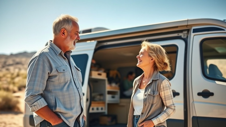 Mature couple enjoying affordable RV lifestyle in a desert setting.