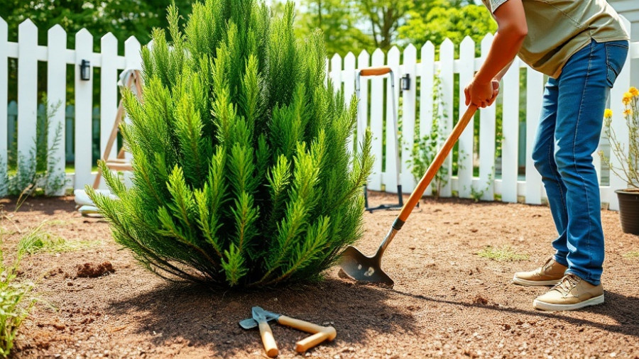 Two gardeners planting an arborvitae tree in a backyard.