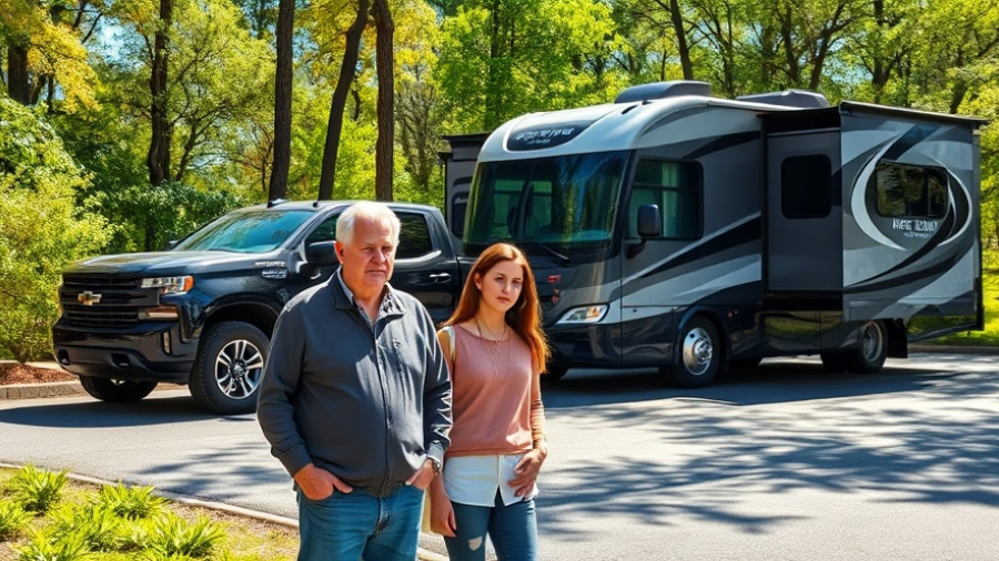 Concerned couple discussing RV maintenance tips outdoors.