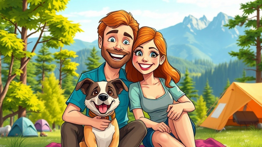 Cartoon couple and dog embracing RV lifestyle in nature.