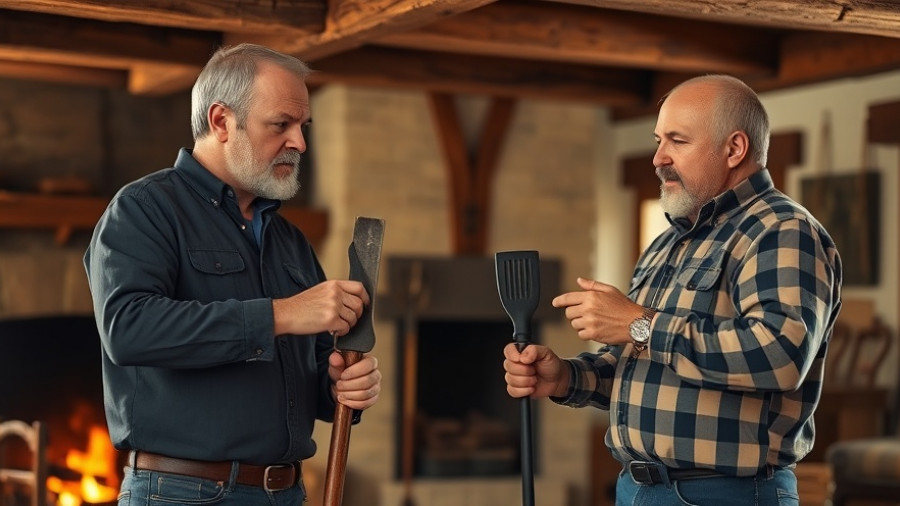 Two men demonstrating the use of fireplace tools indoors.