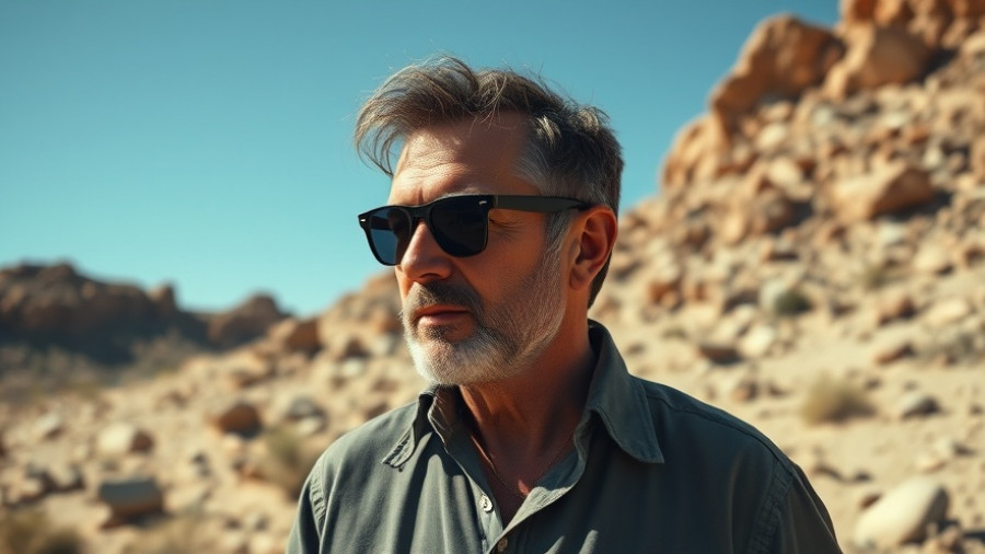 Middle-aged man with sunglasses exploring rocky landscape in broad daylight.