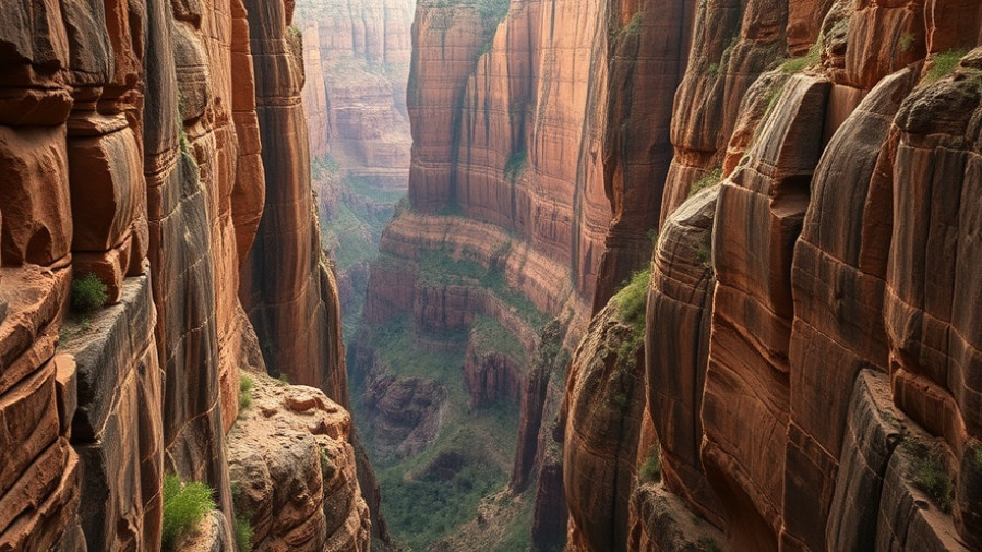 Dramatic view of Zion's Narrows, towering sandstone cliffs.