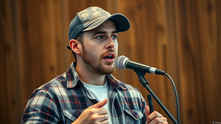 Man in plaid shirt and cap speaking into microphone indoors.
