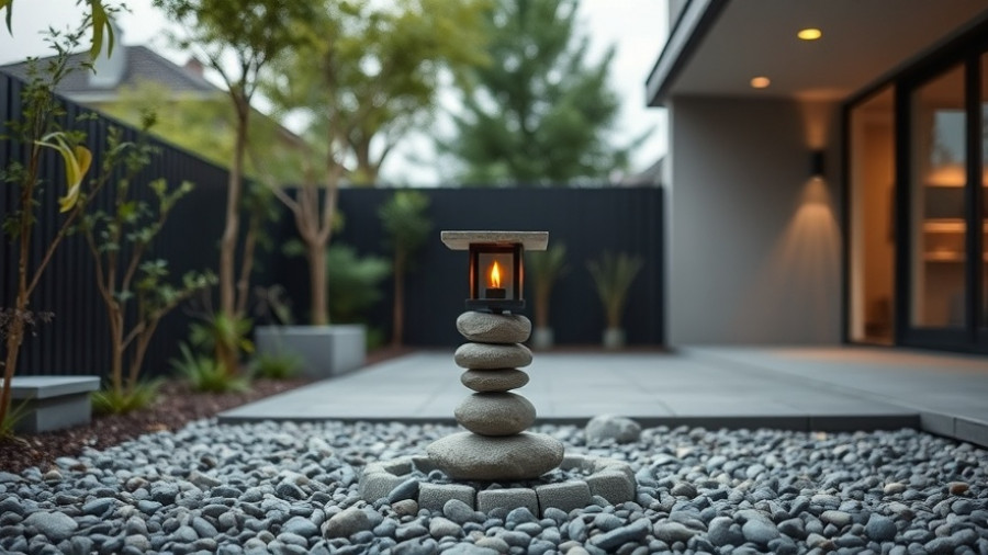 Contemporary backyard landscape design with stone lantern and black fence.