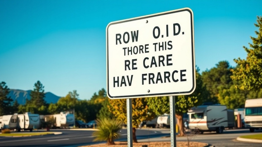 Humorous road sign at RV park for full-time RV living tips.