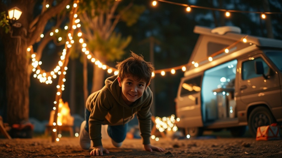 Playful night camping scene with string lights under trees, perfect for inspiring how to get your partner to like camping.